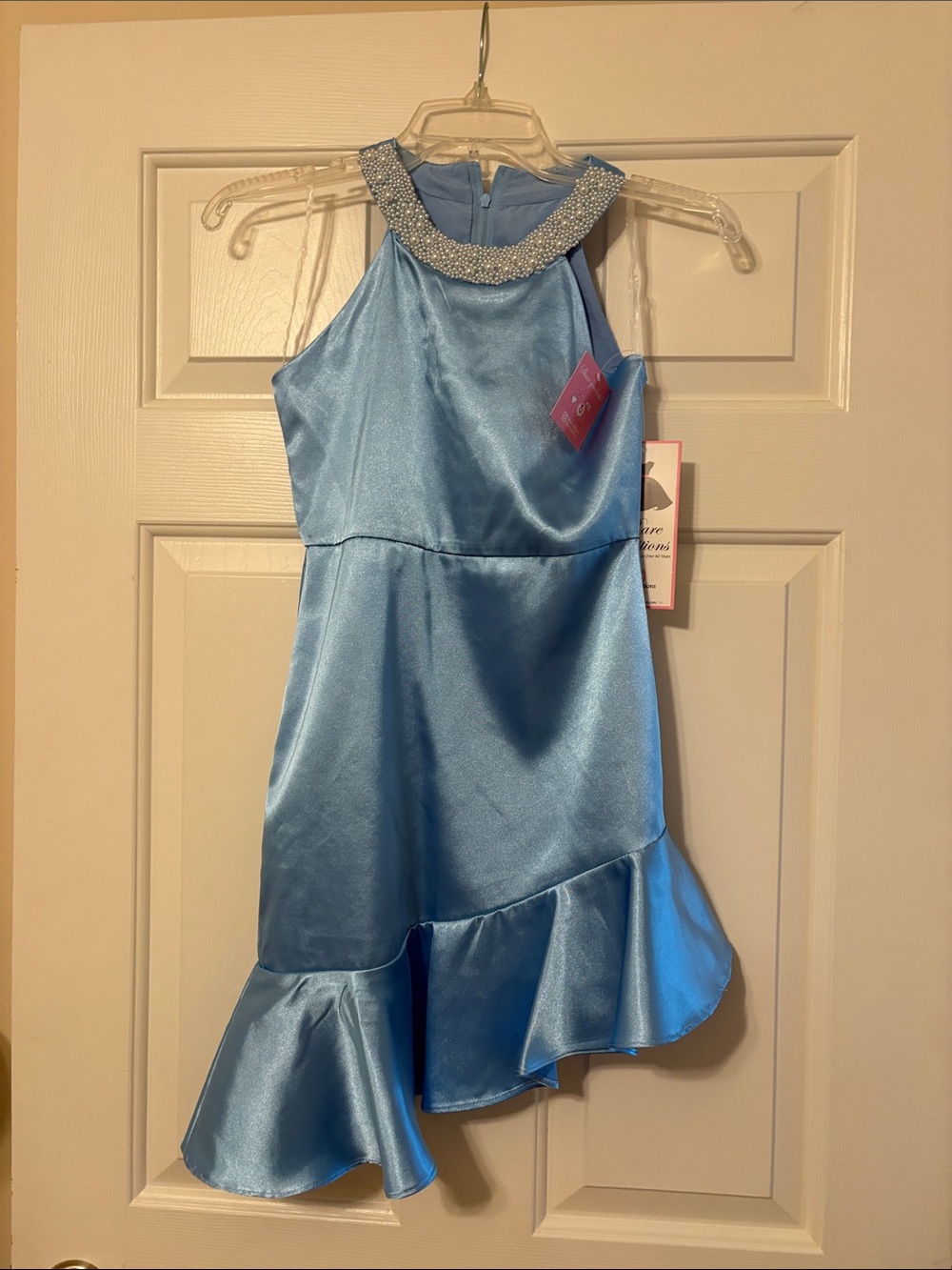 Kids Halter Satin Party Dress with Embellished Neckline - Light Blue